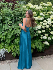 Blue A Line V-neck Beaded Back Tie Long Prom Dress