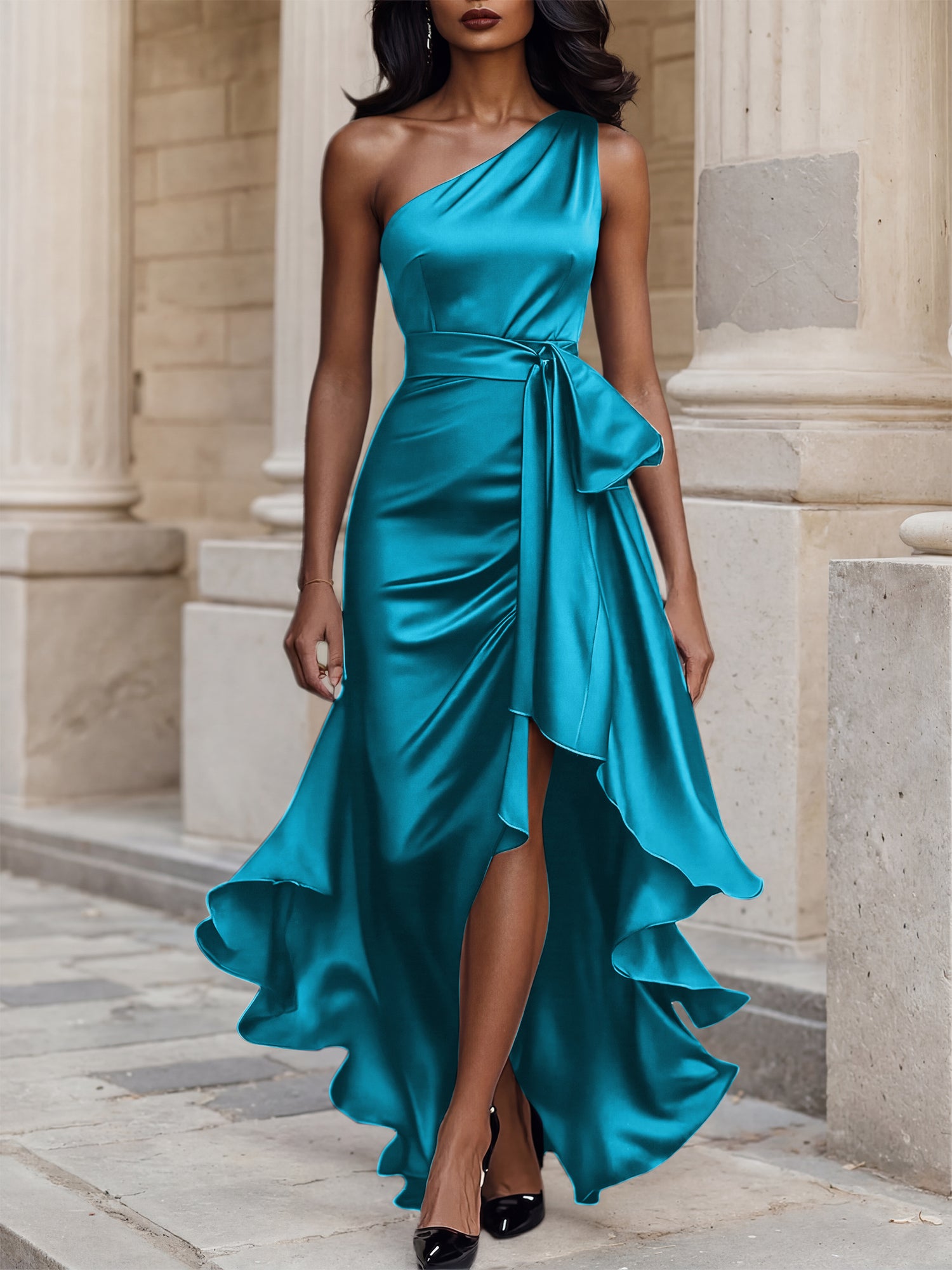 Glamorous Formal Dress Midnight Navy One Shoulder High-Low Satin Gown Midi Dress