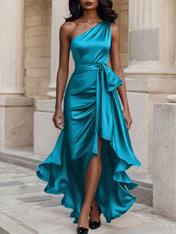 Glamorous Formal Dress Midnight Navy One Shoulder High-Low Satin Gown Midi Dress