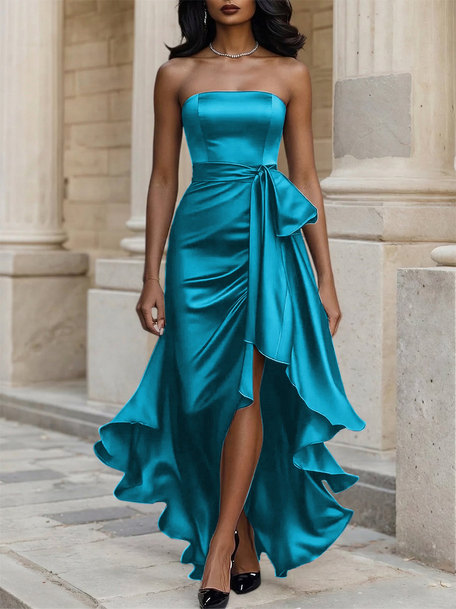 Glamorous Formal Dress Midnight Navy Strapless Satin Gown Midi Dress