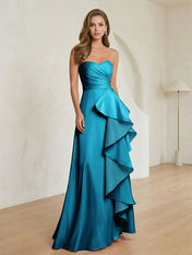 Formal Evening Dress Blush Strapless Ruffle Maxi Dress Gown