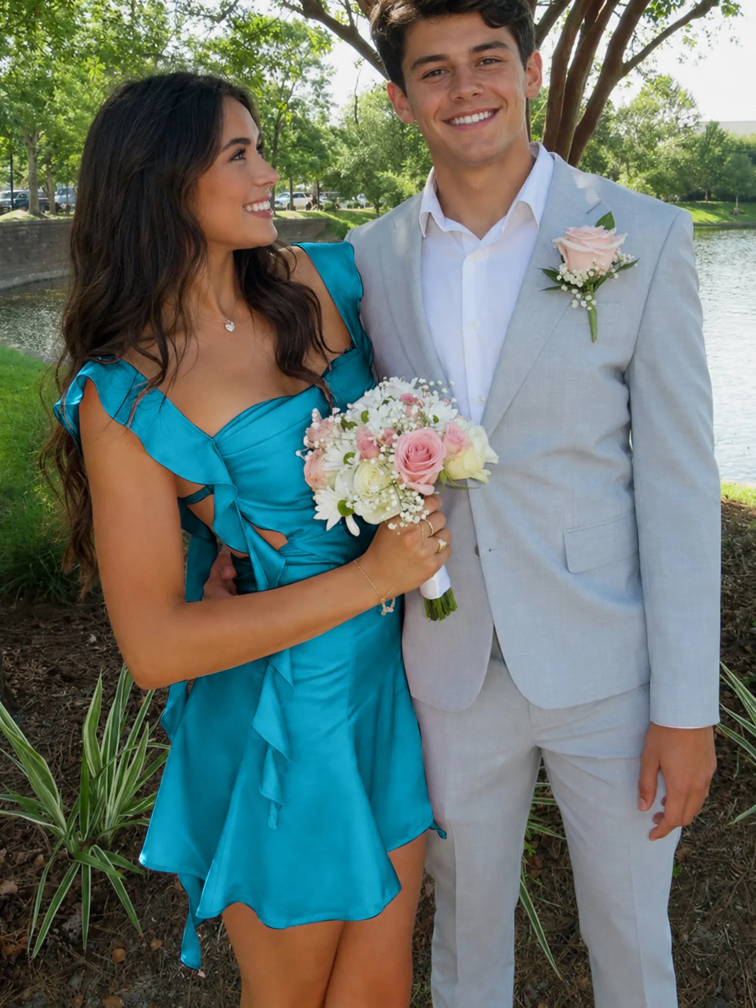 Ruffle Strap Short Homecoming Dress with Cutouts