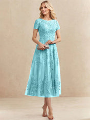 A-line Scoop Tea-Length Tulle Lace Mother of the Bride Dress