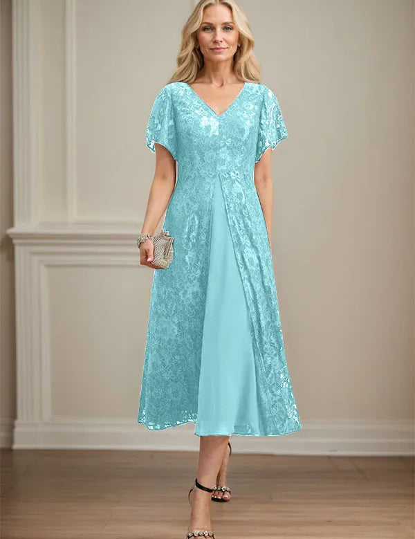 A-line V-Neck Tea-Length Lace Chiffon Mother of the Bride Dress