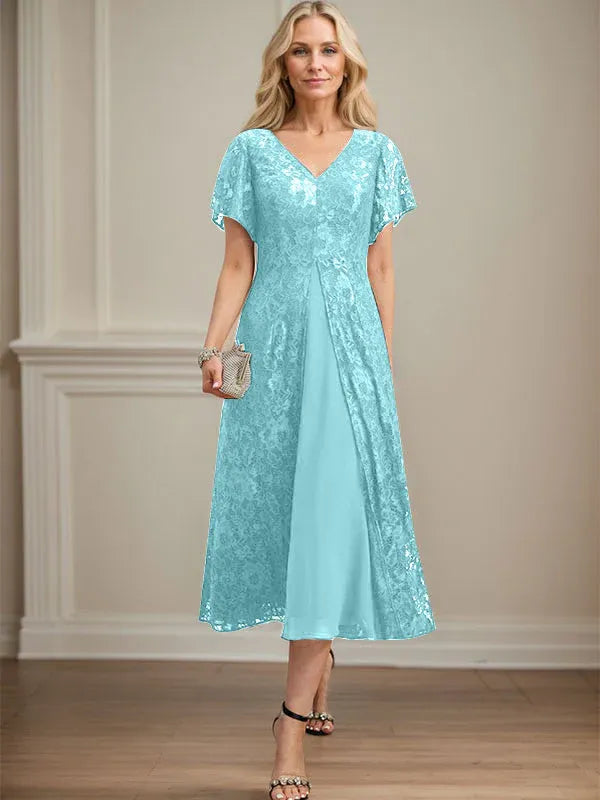 Robe de mère de la mariée en mousseline de soie, coupe trapèze, col en V et longueur thé 