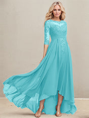 A-line Scoop Illusion Asymmetrical Lace Chiffon Mother of the Bride Dress With Pleated Sequins