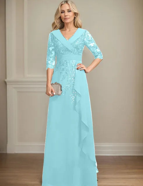 Robe de mère de la mariée trapèze, col en V, longueur au sol, en mousseline de soie et dentelle, avec volants en cascade et paillettes 