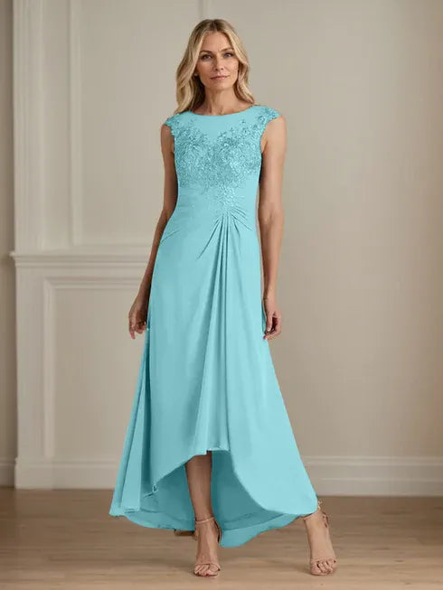 Champagne A-Line Scoop Lace Chiffon Dress