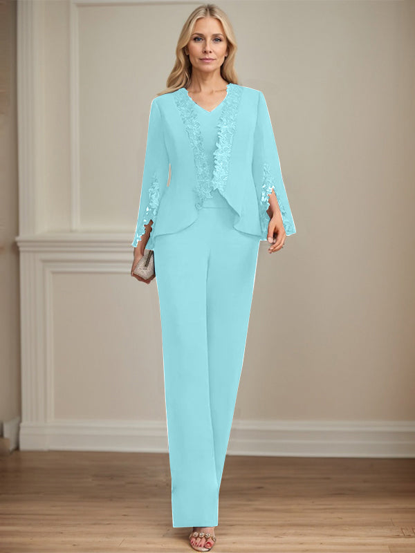 Separates Jumpsuit/Pantsuit V-Neck Floor-Length Chiffon Mother of the Bride Dress