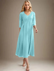 A-line V-Neck Tea-Length Chiffon Lace Mother of the Bride Dress With Beading