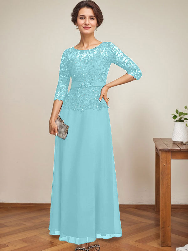 A-line Scoop Illusion Ankle-Length Chiffon Lace Mother of the Bride Dress With Rhinestone Beading