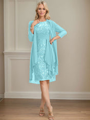 Sheath/Column Scoop Illusion Knee-Length Lace Chiffon Mother of the Bride Dress With Cascading Ruffles Sequins