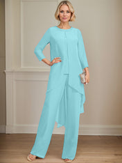 Separates Jumpsuit/Pantsuit Scoop Floor-Length Chiffon Mother of the Bride Dress With Sequins Beading