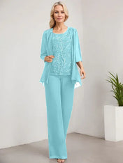 Separates Jumpsuit/Pantsuit Scoop Floor-Length Lace Chiffon Mother of the Bride Dress With Sequins