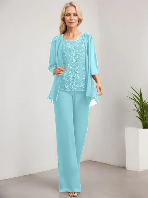 Pantsuit Scoop Floor-Length Lace Chiffon Mother of the Bride Dress With Sequins
