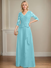 A-line V-Neck Floor-Length Lace Chiffon Mother of the Bride Dress With Cascading Ruffles Sequins