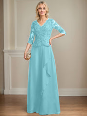 A-line V-Neck Floor-Length Lace Chiffon Mother of the Bride Dress With Cascading Ruffles Sequins