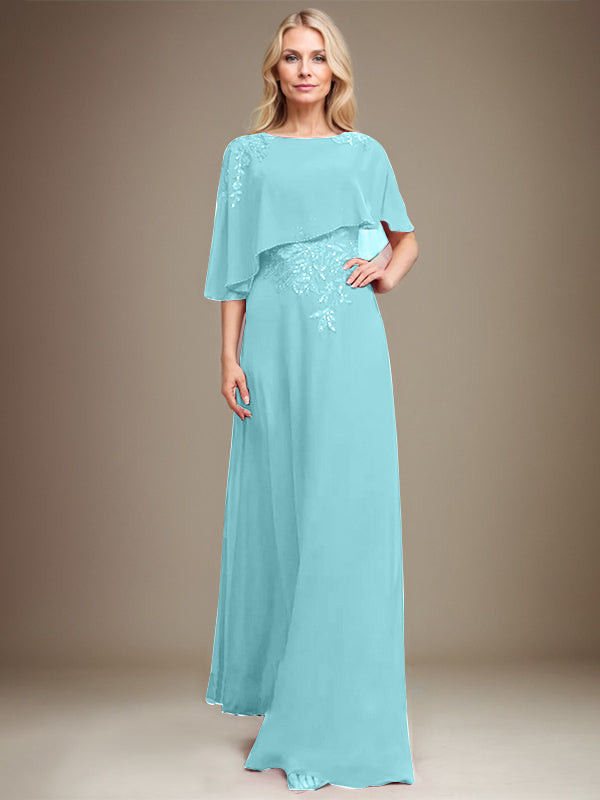 A-line Scoop Floor-Length Chiffon Lace Mother of the Bride Dress With Sequins Beading