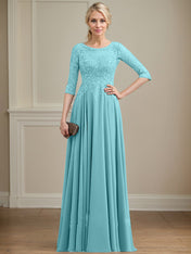 A-line Scoop Illusion Floor-Length Lace Chiffon Mother of the Bride Dress With Sequins