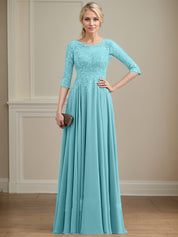 A-line Scoop Illusion Floor-Length Lace Chiffon Mother of the Bride Dress With Sequins