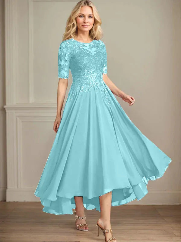 Robe de mère de la mariée asymétrique en mousseline de soie et dentelle, coupe trapèze, décolleté en V, illusion, avec paillettes 