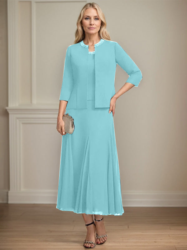 Separates A-line Scoop Tea-Length Chiffon Mother of the Bride Dress With Sequins Beading