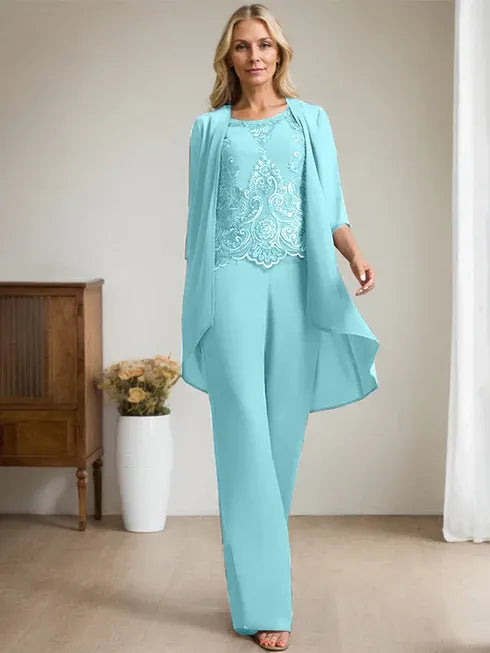 Pantsuit Scoop Floor-Length Chiffon Lace Mother of the Bride Dress With Beading Sequins