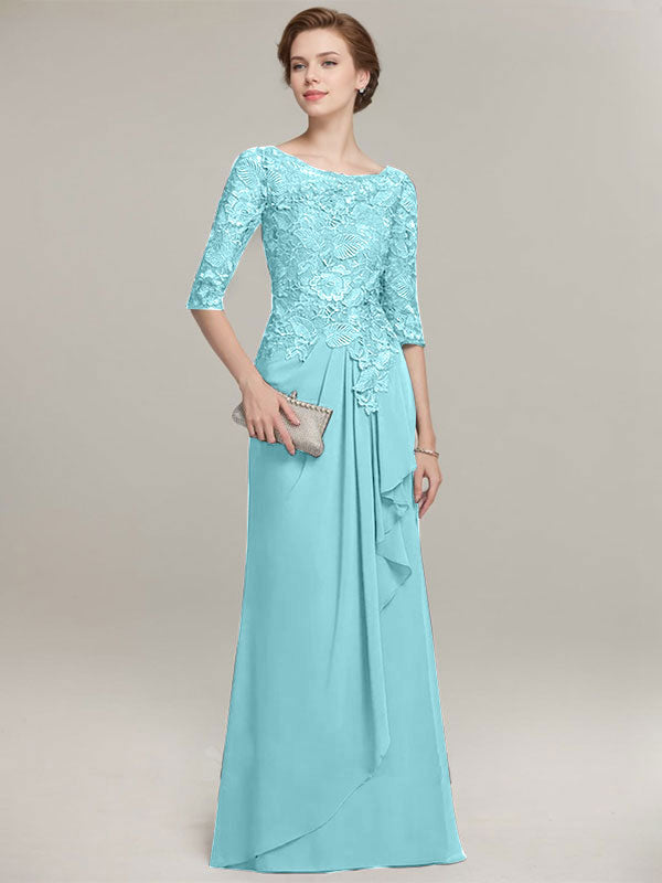 A-line Scoop Illusion Floor-Length Lace Chiffon Mother of the Bride Dress With Cascading Ruffles