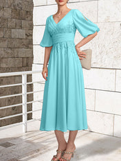 A-line V-Neck Tea-Length Lace Chiffon Mother of the Bride Dress With Pleated