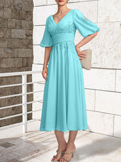 A-line V-Neck Tea-Length Lace Chiffon Mother of the Bride Dress With Pleated