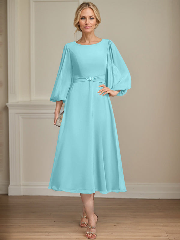 A-line Scoop Tea-Length Chiffon Mother of the Bride Dress With Crystal Brooch Pleated