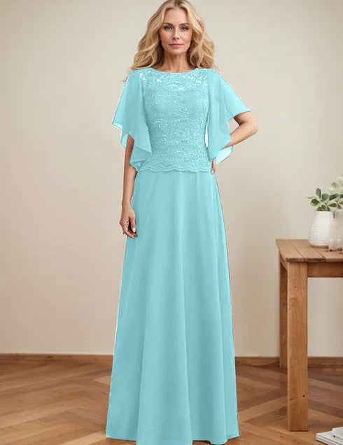 A-line Scoop Illusion Floor-Length Lace Chiffon Mother of the Bride Dress With Sequins
