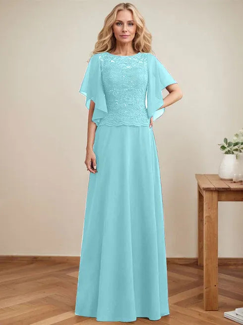 A-line Scoop Illusion Floor-Length Lace Chiffon Mother of the Bride Dress With Sequins