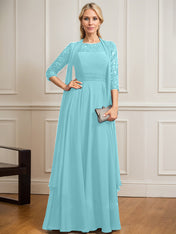 A-line Scoop Illusion Floor-Length Lace Chiffon Mother of the Bride Dress With Pleated