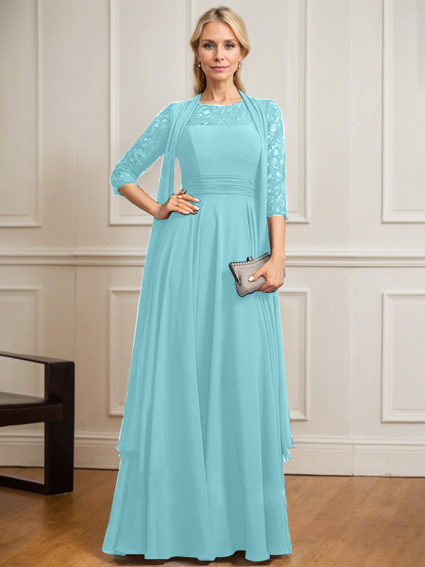 A-line Scoop Illusion Floor-Length Lace Chiffon Mother of the Bride Dress With Pleated