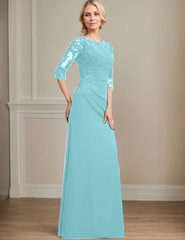 Robe de mère de la mariée trapèze en mousseline de soie et dentelle, longueur au sol, avec perles et paillettes plissées