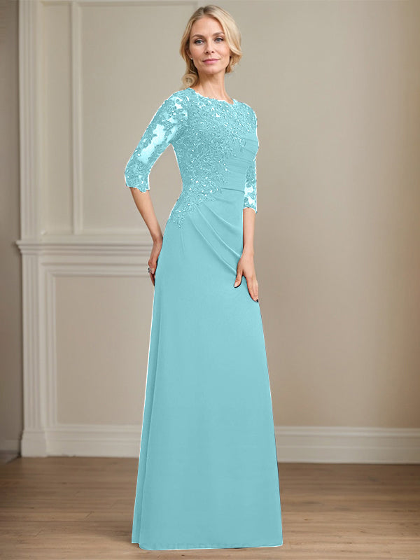 A-line Scoop Floor-Length Chiffon Lace Mother of the Bride Dress With Beading Pleated Sequins