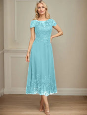 A-line Illusion Scoop Tea-Length Lace Chiffon Mother of the Bride Dress With Sequins