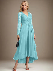 A-line V-Neck Asymmetrical Lace Chiffon Mother of the Bride Dress