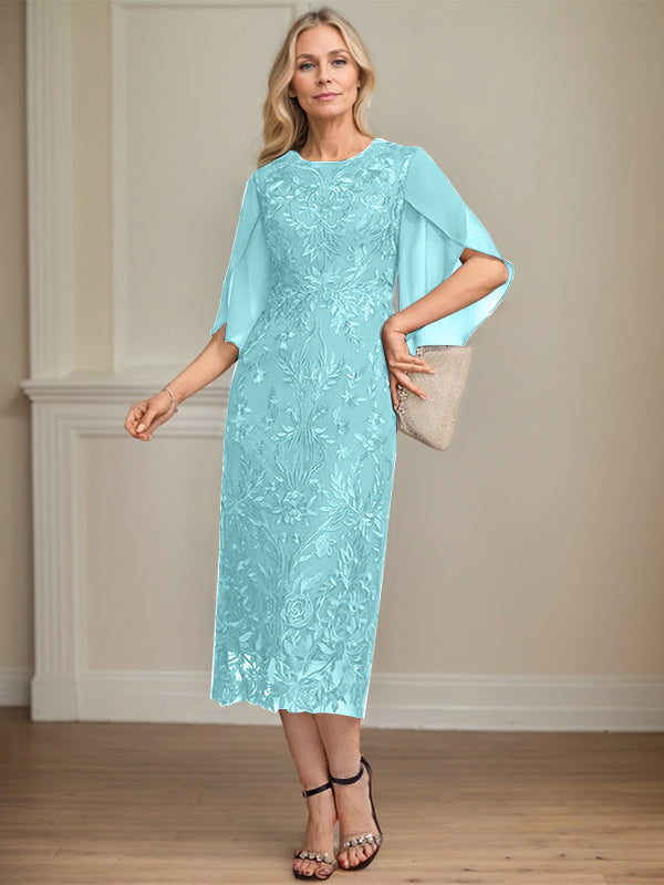 Column Scoop Tea-Length Lace Chiffon Mother of the Bride Dress