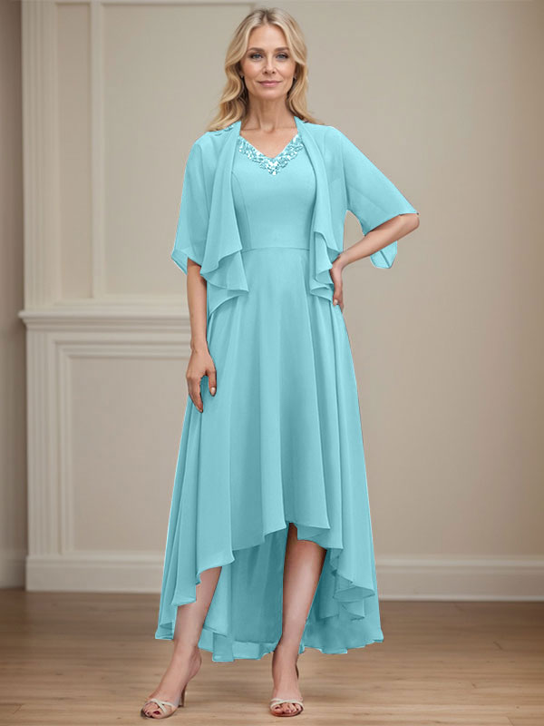 A-line V-Neck Asymmetrical Chiffon Mother of the Bride Dress With Beading Sequins
