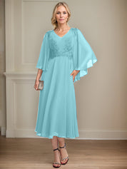 A-line V-Neck Tea-Length Chiffon Lace Mother of the Bride Dress With Beading Sequins