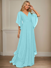 A-line V-Neck Floor-Length Chiffon Mother of the Bride Dress With Sequins Appliques Lace Beading