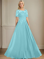 A-line Scoop Illusion Floor-Length Chiffon Lace Mother of the Bride Dress With Sequins Beading