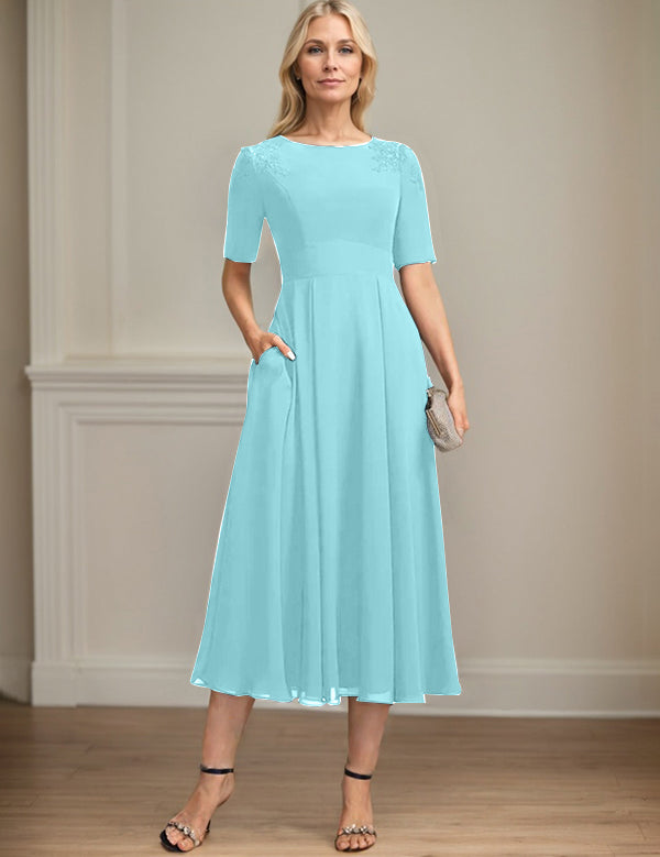 A-line Scoop Tea-Length Chiffon Mother of the Bride Dress With Appliques Lace Sequins