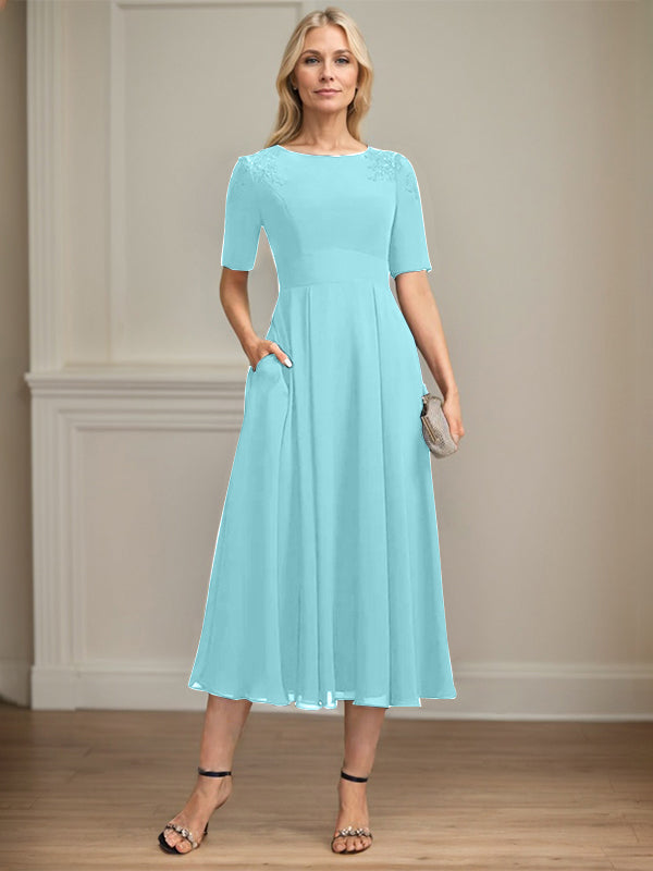 A-line Scoop Tea-Length Chiffon Mother of the Bride Dress With Appliques Lace Sequins