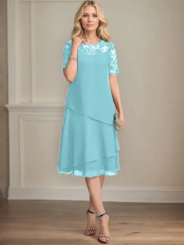 A-line Scoop Illusion Knee-Length Lace Chiffon Mother of the Bride Dress With Sequins
