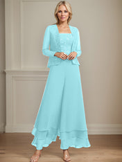 Separates Jumpsuit/Pantsuit Square Ankle-Length Lace Chiffon Mother of the Bride Dress With Sequins