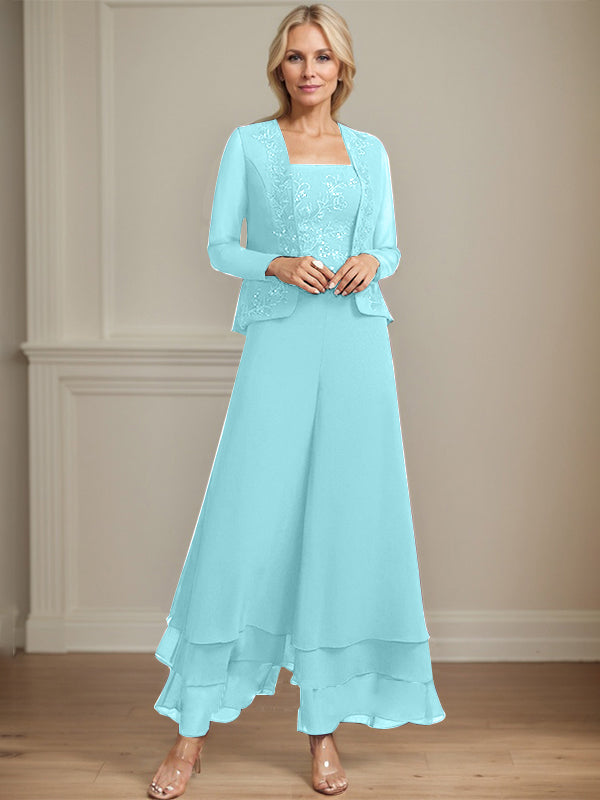 Pantsuit Square Ankle-Length Lace Chiffon Mother of the Bride Dress With Sequins