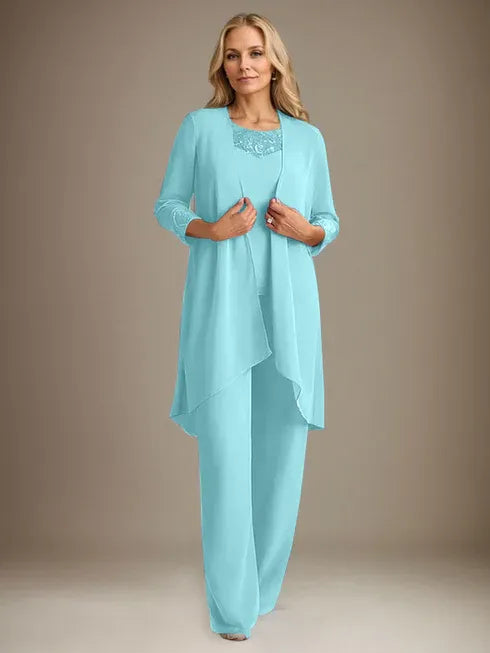 Chiffon Scoop Long Sleeves Mother Of The Bride Pantsuits With Jacket